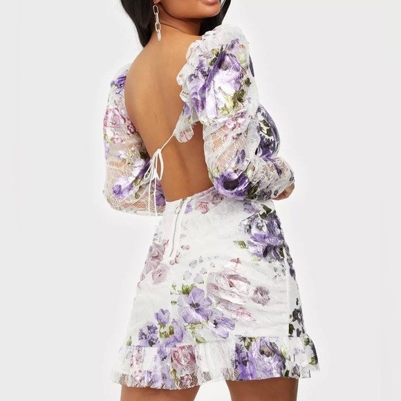For Love & Lemons Purple Metallic Floral Lace Ruffle Cut Out Cocktail Mini Dress - Picture 2 of 13